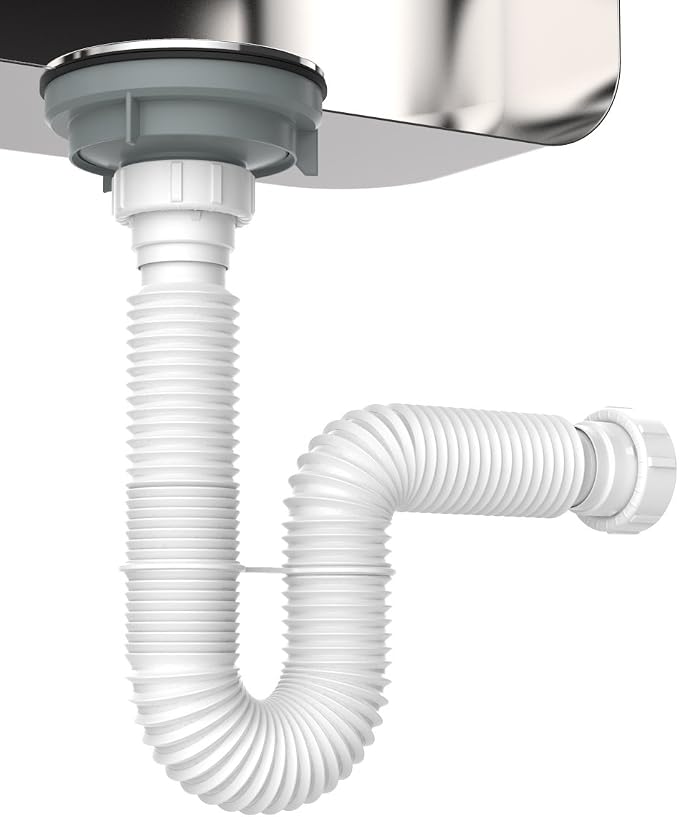 Flexible P-Trap for 1-1/2" Drain Pipes (White - 24 Inch Length) with Adjustable Connections for Kitchen Sinks and Shampoo Bowls, Compatible with Various Sink Configurations