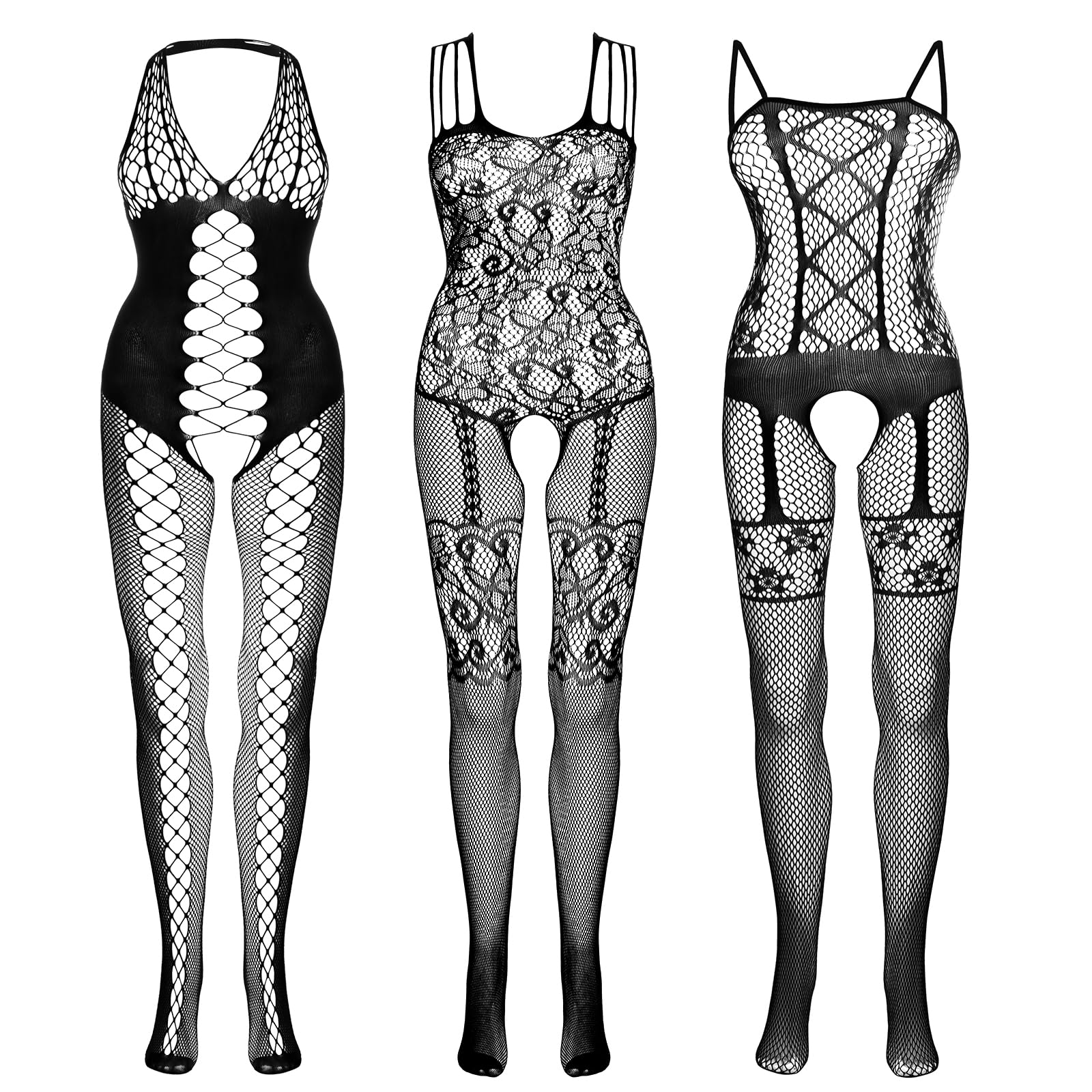 KLONKEE 3 Pieces Women's Sexy Lace Stockings Lingerie Floral Fishnet Bodysuits Nightwear for Party and Romantic Date Wearing(Black,Red)