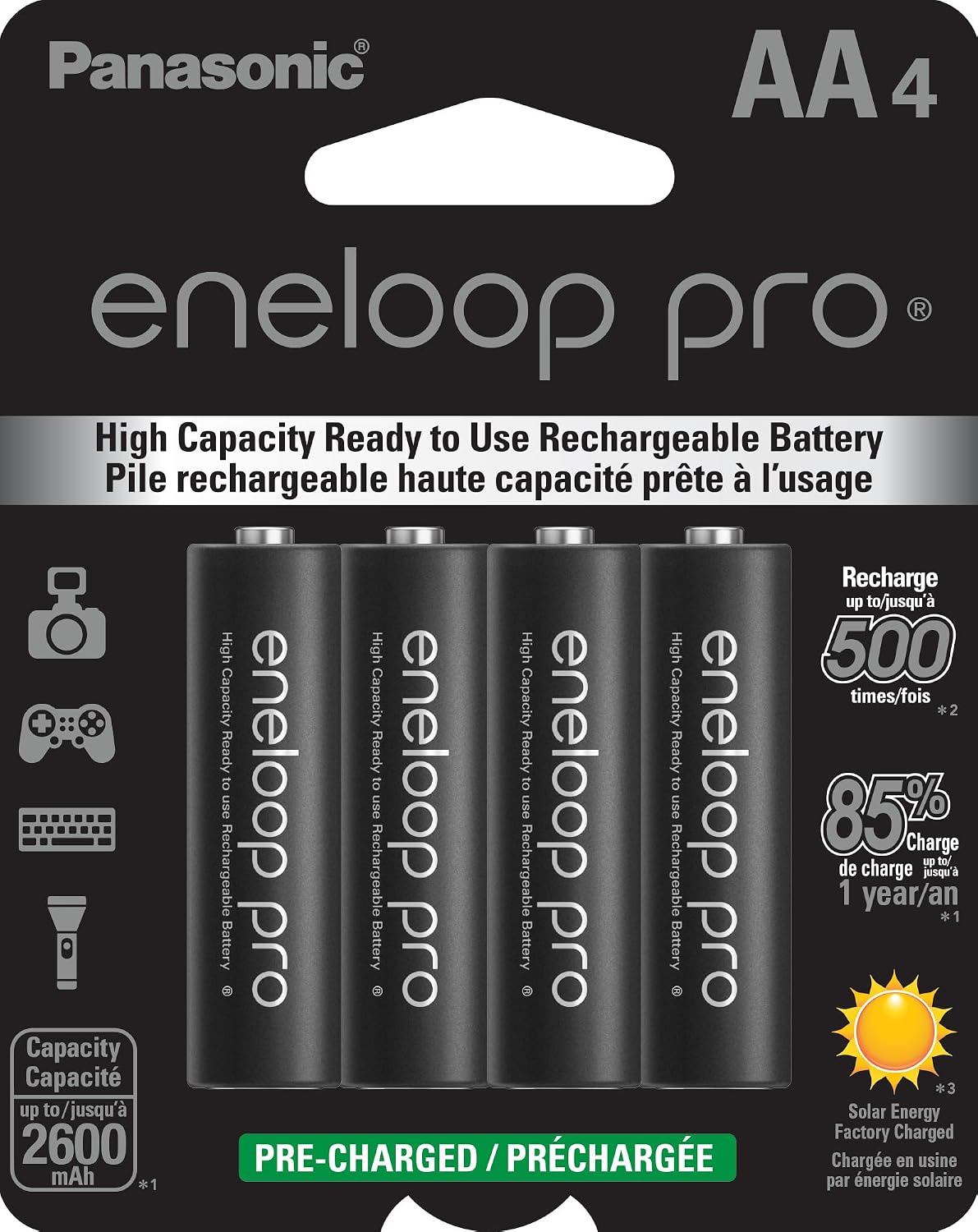 Panasonic BK3HCCA4BA Eneloop Pro AA High Capacity New Ni-MH Pre-Charged Rechargeable Batteries, 4-Pack