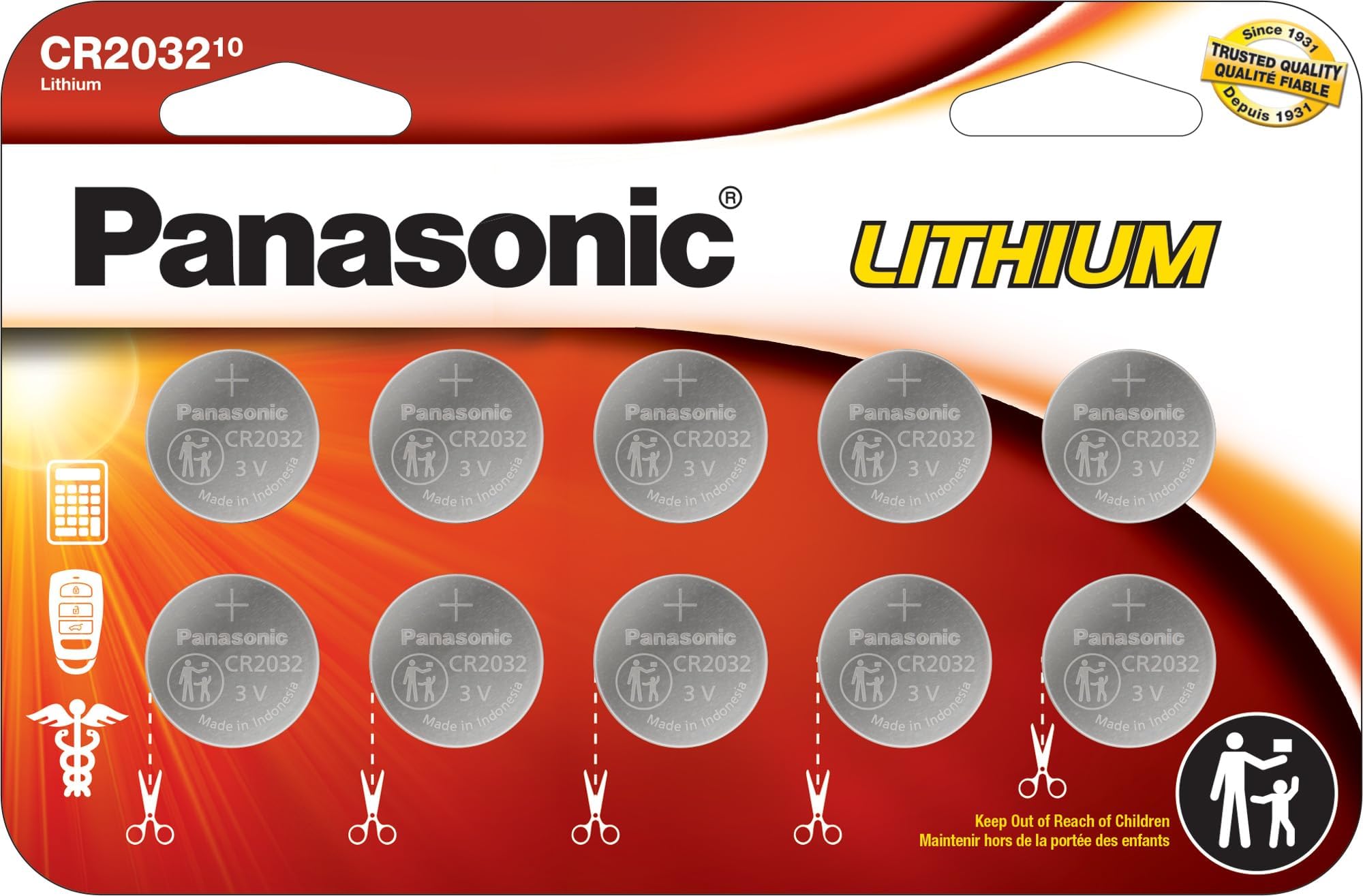 Panasonic CR2032 3.0 Volt Lithium Coin Cell Batteries - 10 Pack