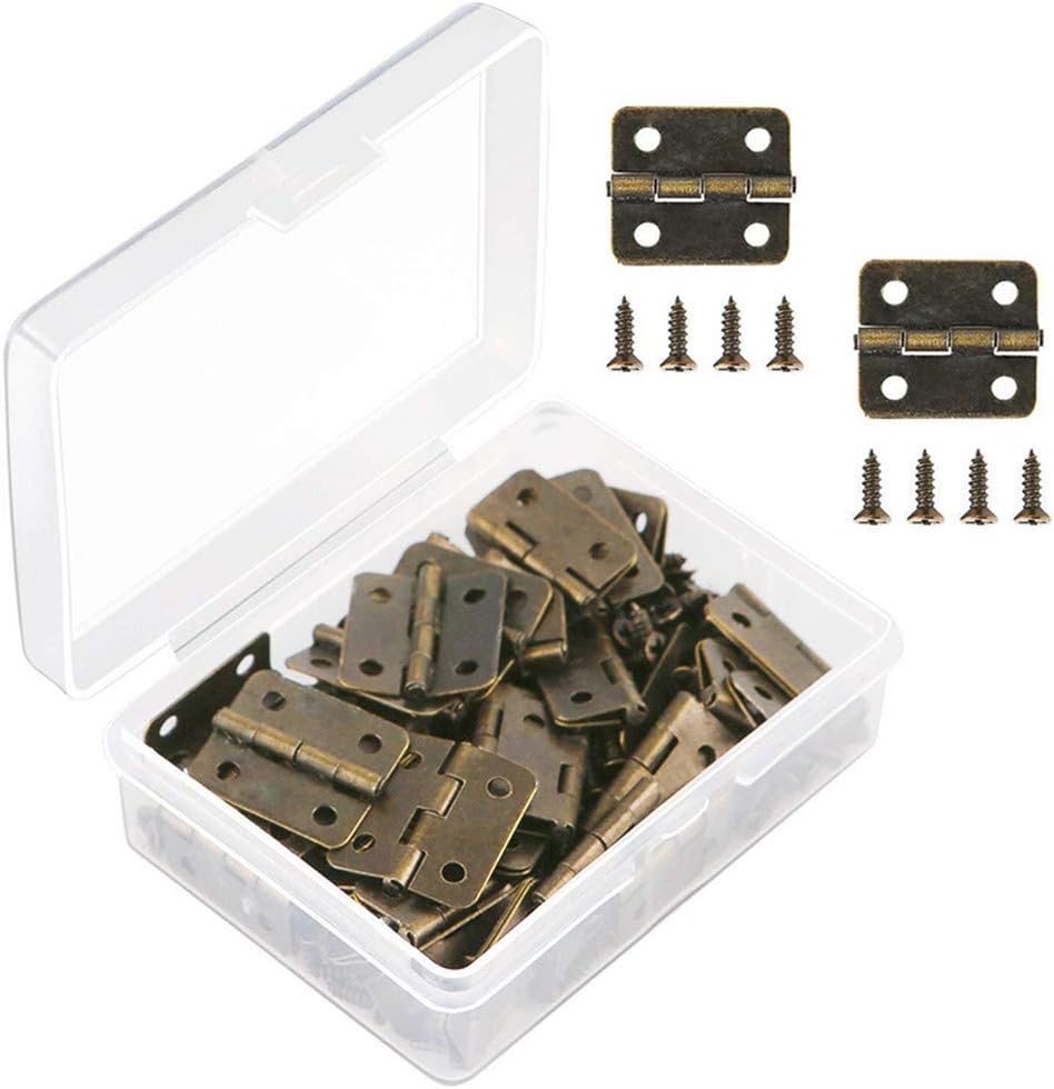VIPMOON 50 Pieces Antique Bronze Mini Hinges Retro Butt Hinges with 200 Pieces Replacement Hinge Screws, with Plastic Contain Box