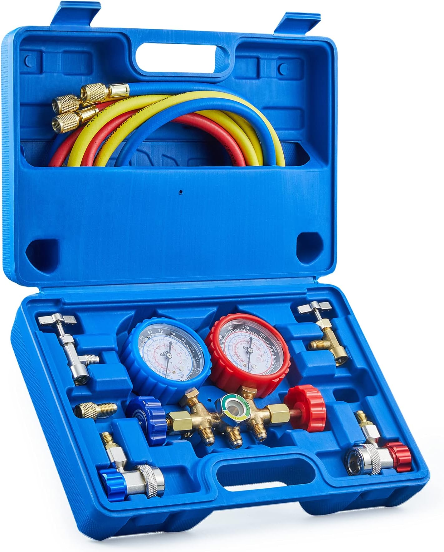 Orion Motor Tech Professional AC Diagnostic Manifold Hvac Gauge Set for R134A, R12, R22 R502 Refrigerants with Couplers and 1/4" male to 1/2" female ACME Adapter