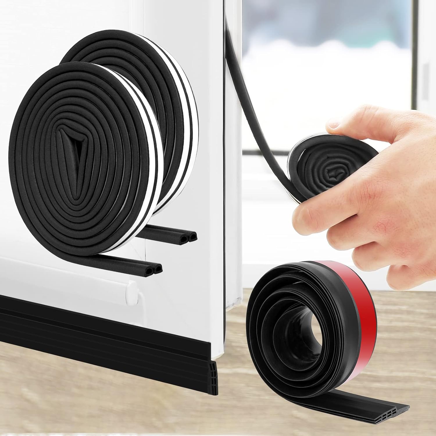 SUNMON Door Seal D-Type Strip Weather Stripping Self Adhesive Foam for Doors and Windows, Soundproofing Weatherstrip Gap Collision Avoidance（Black）