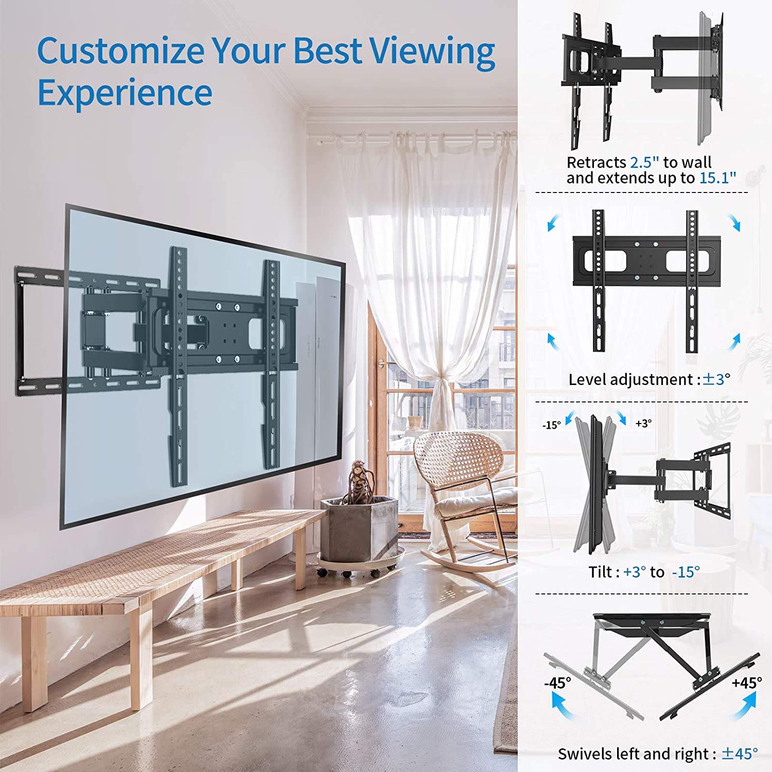 KDG Full Motion TV Wall Mount with Height Setting, TV Mount Bracket for Most 32-65 Inch LED LCD 4K Flat Screen Curved TV, Articulating Swivel Tilt Extension Max VESA 400x400mm Loading up to 121lbs