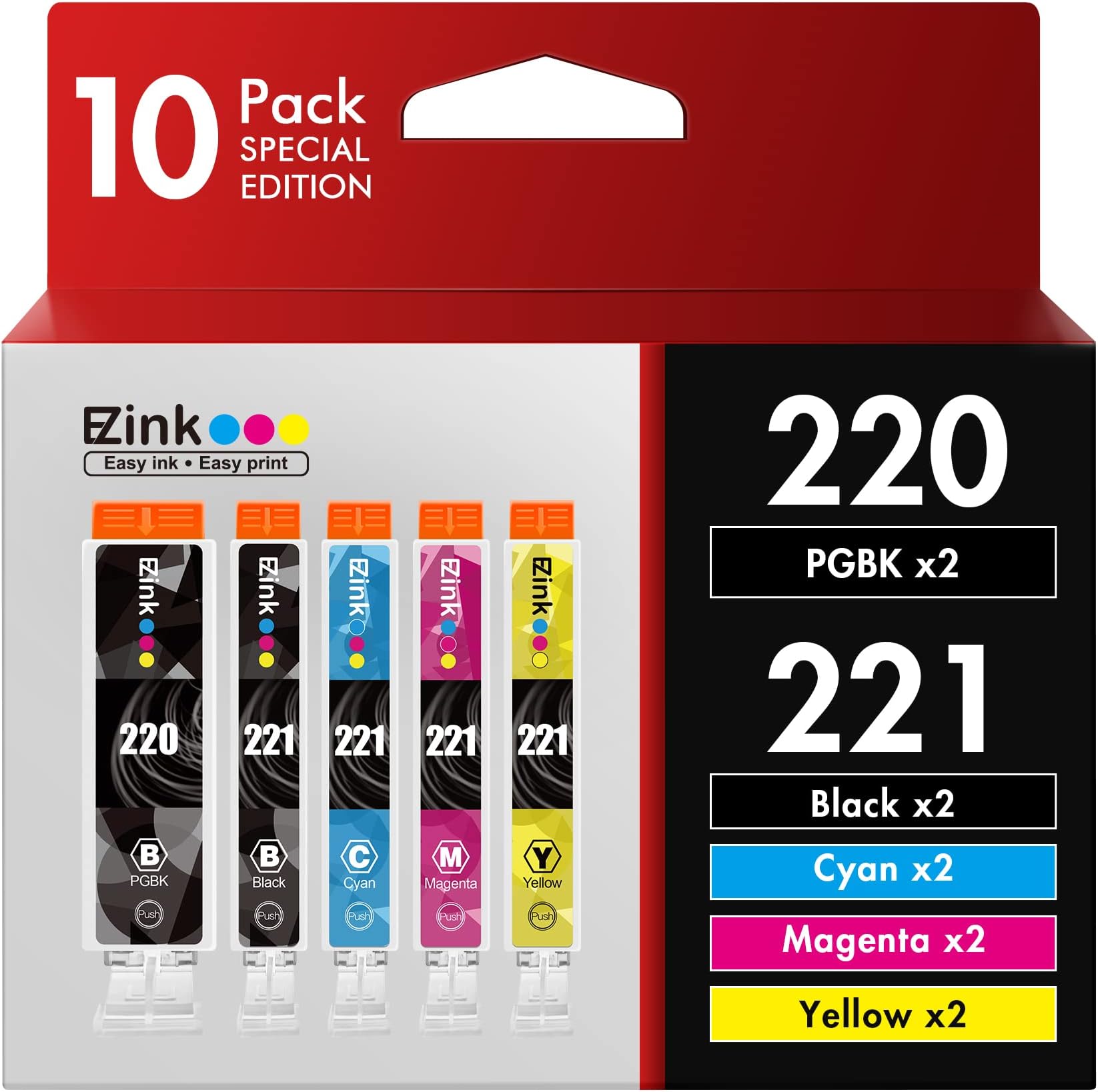 15 Pack - Compatible Ink Cartridges for Canon PGI-220 & CLI-221 PGI-220BK CLI-221BK CLI-221C CLI-221M CLI-221Y Inkjet Cartridge Compatible With Canon PIXMA IP3600 PIXMA IP4600 PIXMA IP4700 PIXMA MP540 PIXMA MP560 PIXMA MP620 PIXMA MP620B MP640