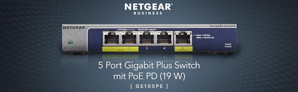 NETGEAR ProSAFE GS105PE 5 Port PD Powered / Passthrough Gigabit Web Managed (Plus) Switch (GS105PE-10000S)