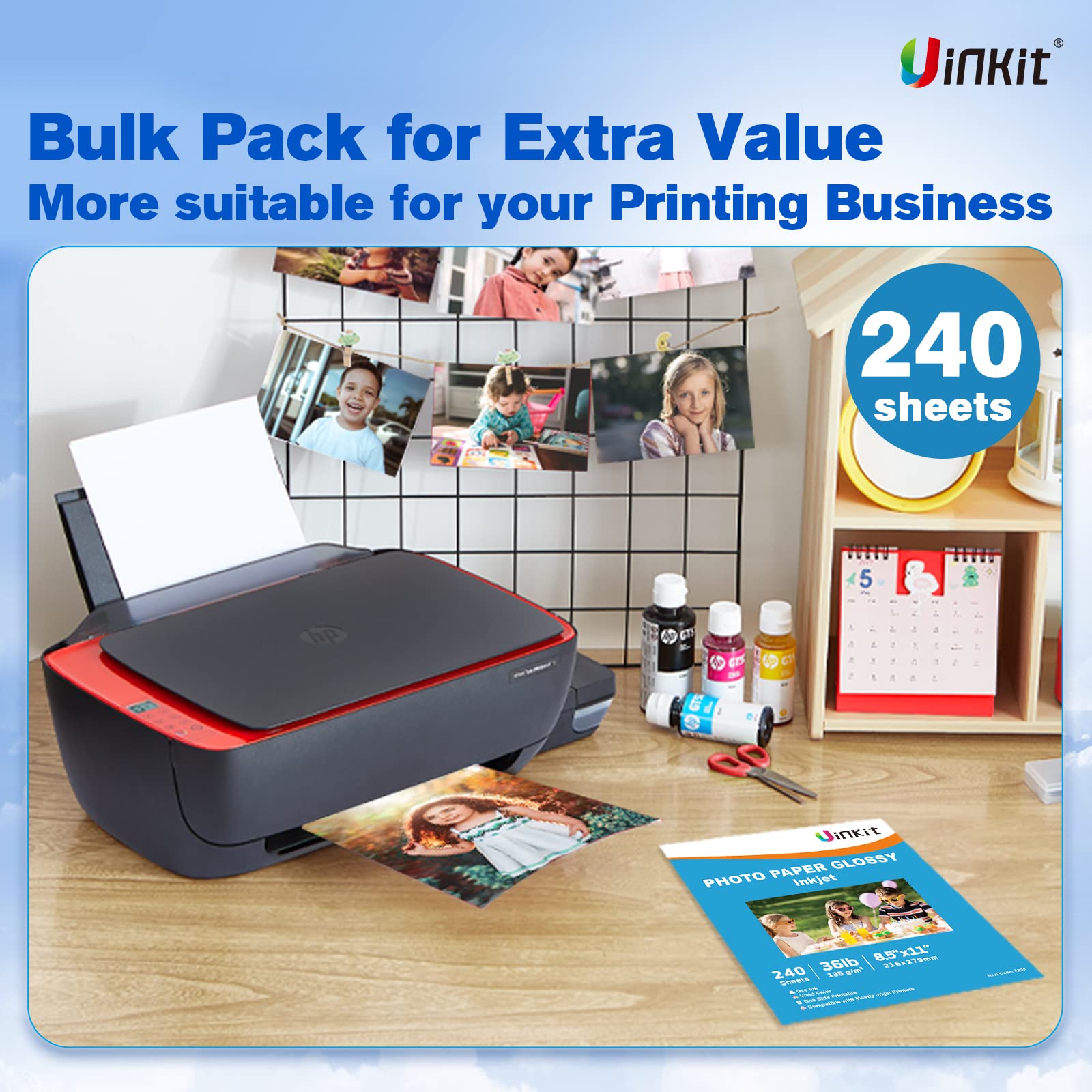 Uinkit Thin Inkjet Glossy Photo Paper Bulk 240 Sheets 8.5x11 Inches 36LB for Custom Chip Bags and Print Brochure Flyer