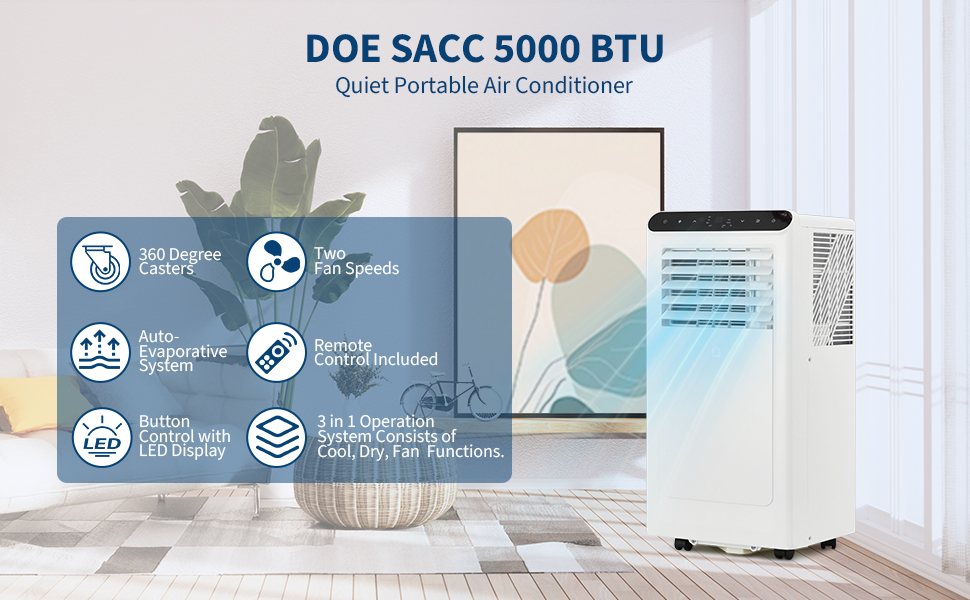Portable Air Conditioner 8000 BTU, Air Conditioner Unit for Home Office Room, with Window Kit, Quiet, 2 Speeds, 24H Auto-off Timer, Cooling/Dehumidifier Mode, Cool Rooms up to Large Space