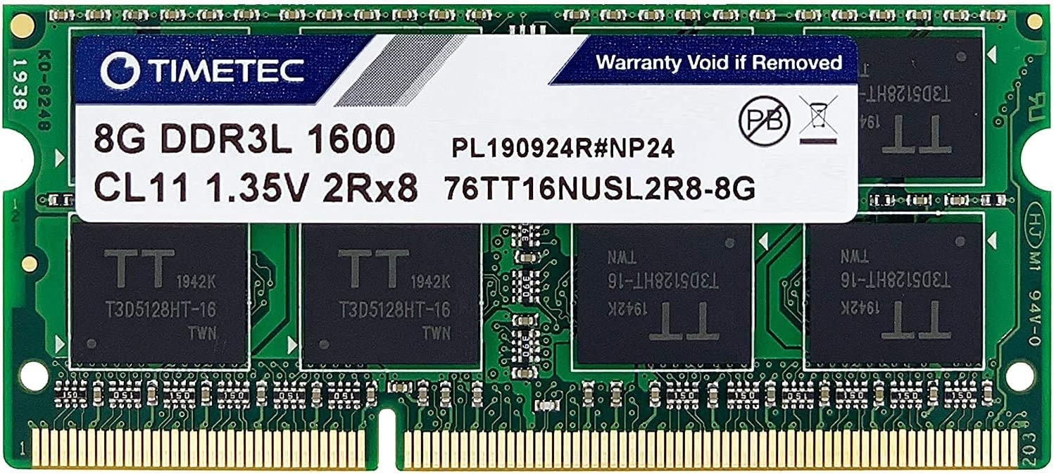 Timetec 8GB DDR3L / DDR3 1600MHz PC3L-12800 / PC3-12800 Non-ECC Unbuffered 1.35V / 1.5V CL11 2Rx8 Dual Rank 204 Pin SODIMM Laptop Notebook PC Computer Memory RAM Module Upgrade (8GB)