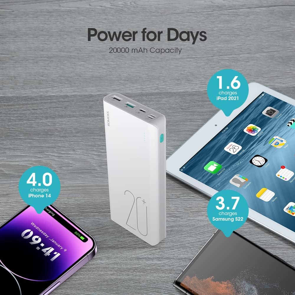 20000mAh Power Bank with LED Indicator, ROMOSS Sense 6 Plus Portable Charger, External Battery Packs with 2-Port Output Compatible for iPhone Samsung iPad and More