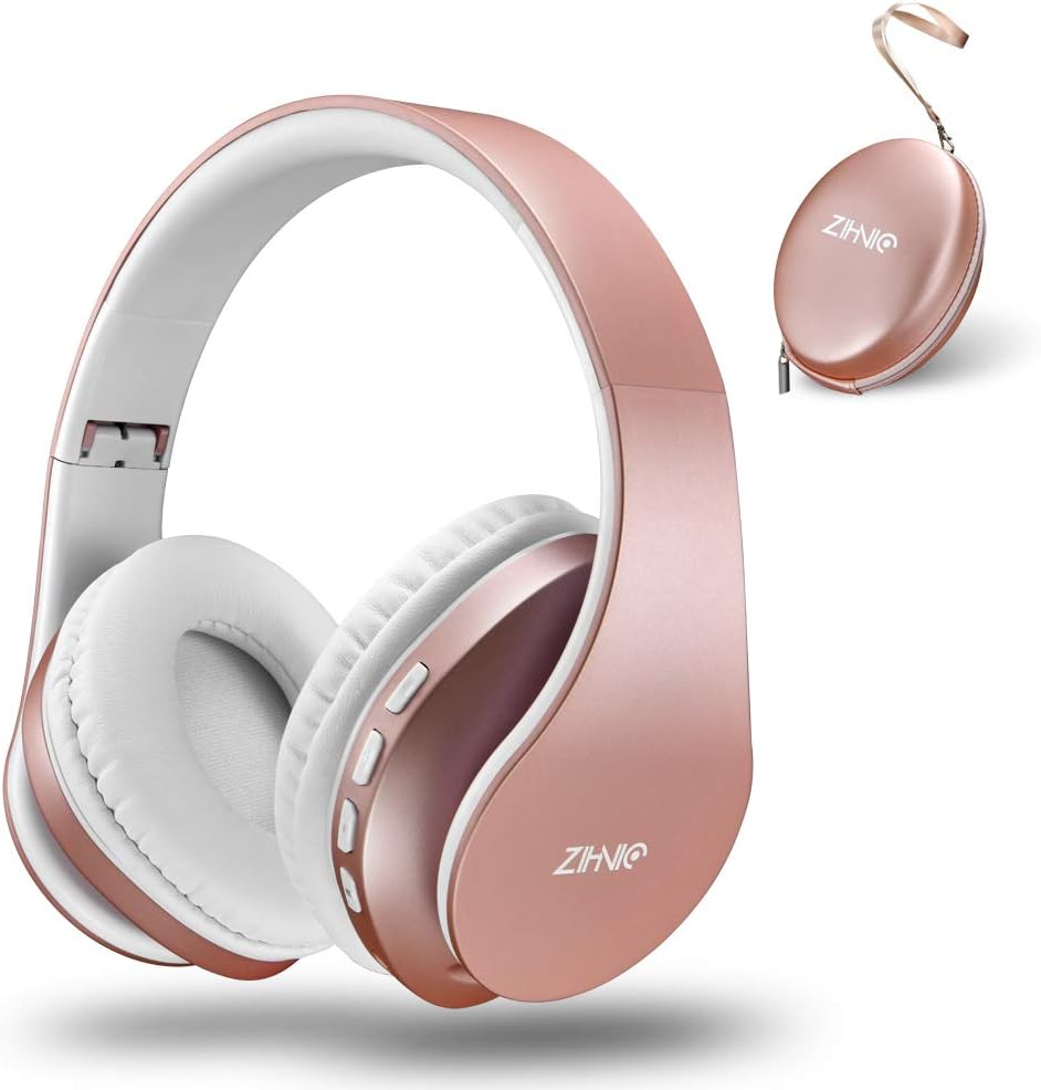 zihnic Bluetooth Headphones Over Ear, Foldable Wireless and Wired Stereo Headset Micro SD/TF, FM for iPhone/Samsung/iPad/PC/TV,Soft Earmuffs &Light Weight for Prolonged Wearing (Gold)