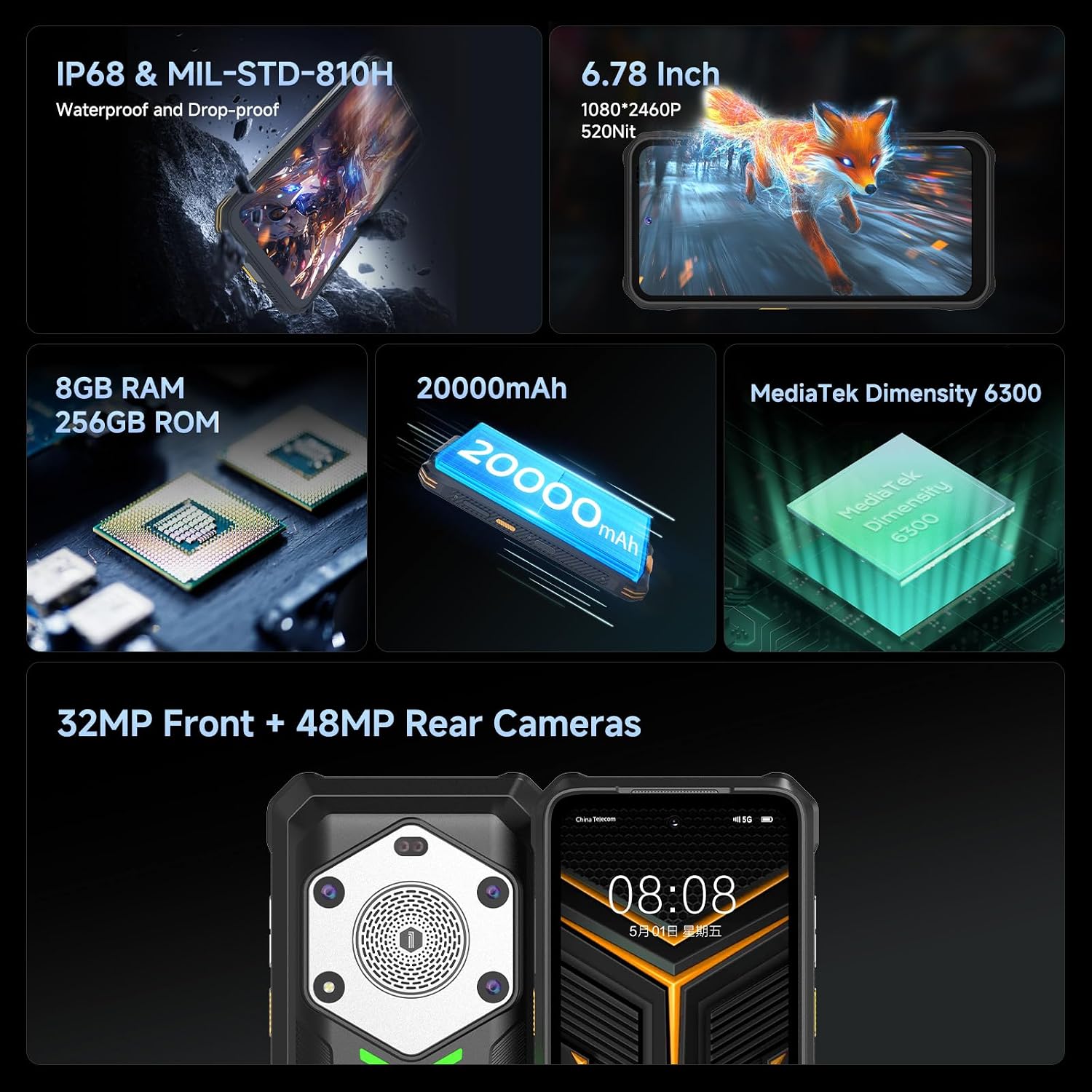 5G Unlocked Rugged Smartphone, 8GB + 256GB, Octa-core(Flagship 7nm 5G CPU), 48MP Four Rear Camera,16MP Front Camera,20 MP Night Vision Camera, 6.1" Screen 5200mAh Battery Waterproof Cell Phone,NFC, Wireless Charging,Dual sim,GPS,Fast Charging,IP68 IP69K-Black