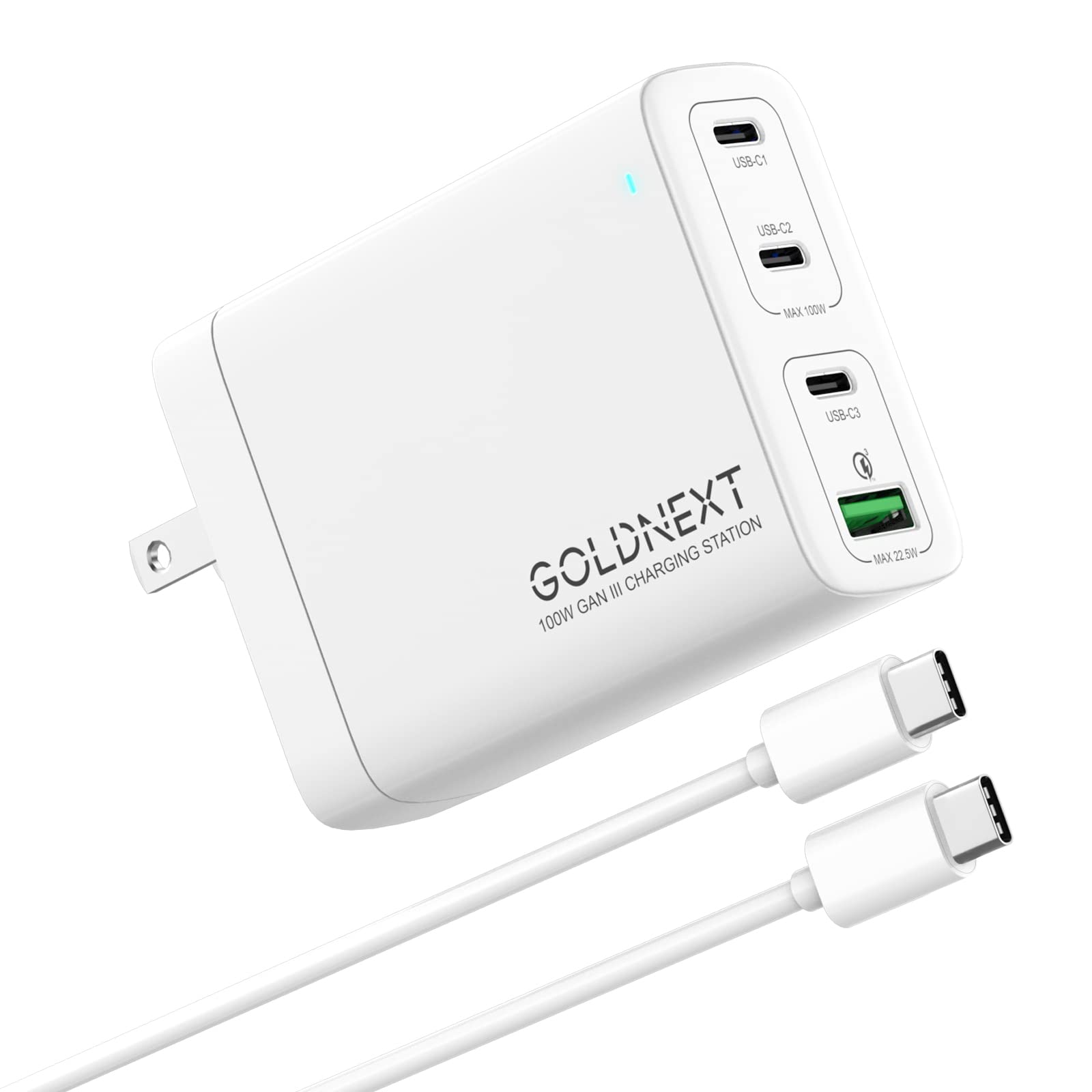 100W USB C Charger,GOLDNEXT 4-Port PD GaN3 Multiport Wall Charger Block,PPS Fast Foldable Power Adapter with 4FT Cable for MacBook Pro/Air,Laptop,Dell XPS,iPad,iPhone14 Pro Max,Galaxy,Pixel,Steam Deck