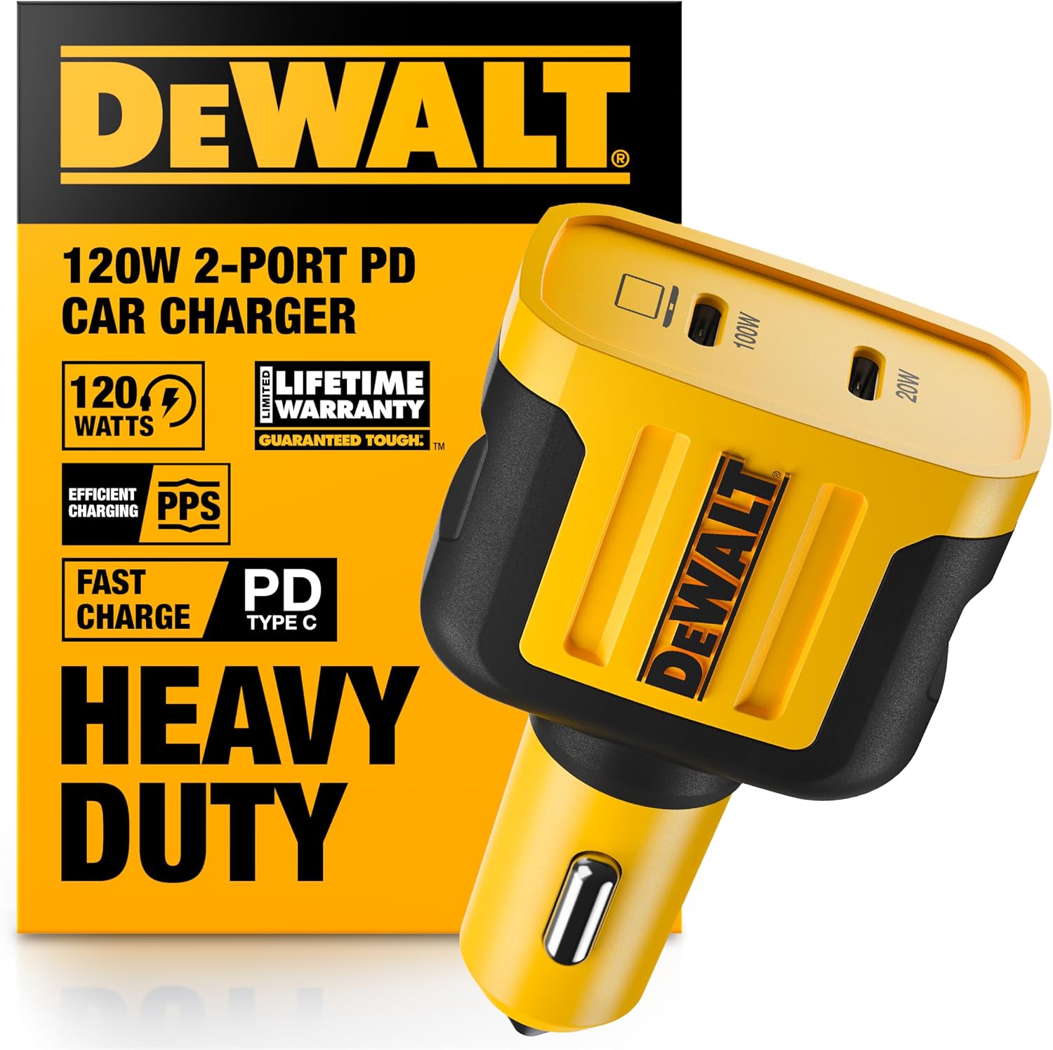 DEWALT USB C Car Charger, 120W 2-Port PD 3.0 Type C Adapter, PPS Fast Charging with Power Delivery for iPhone 15 14 13 12 11 X XS Pro Max Mini, Galaxy S22/S20/S10, Pixel, iPad/iPad Mini, and More