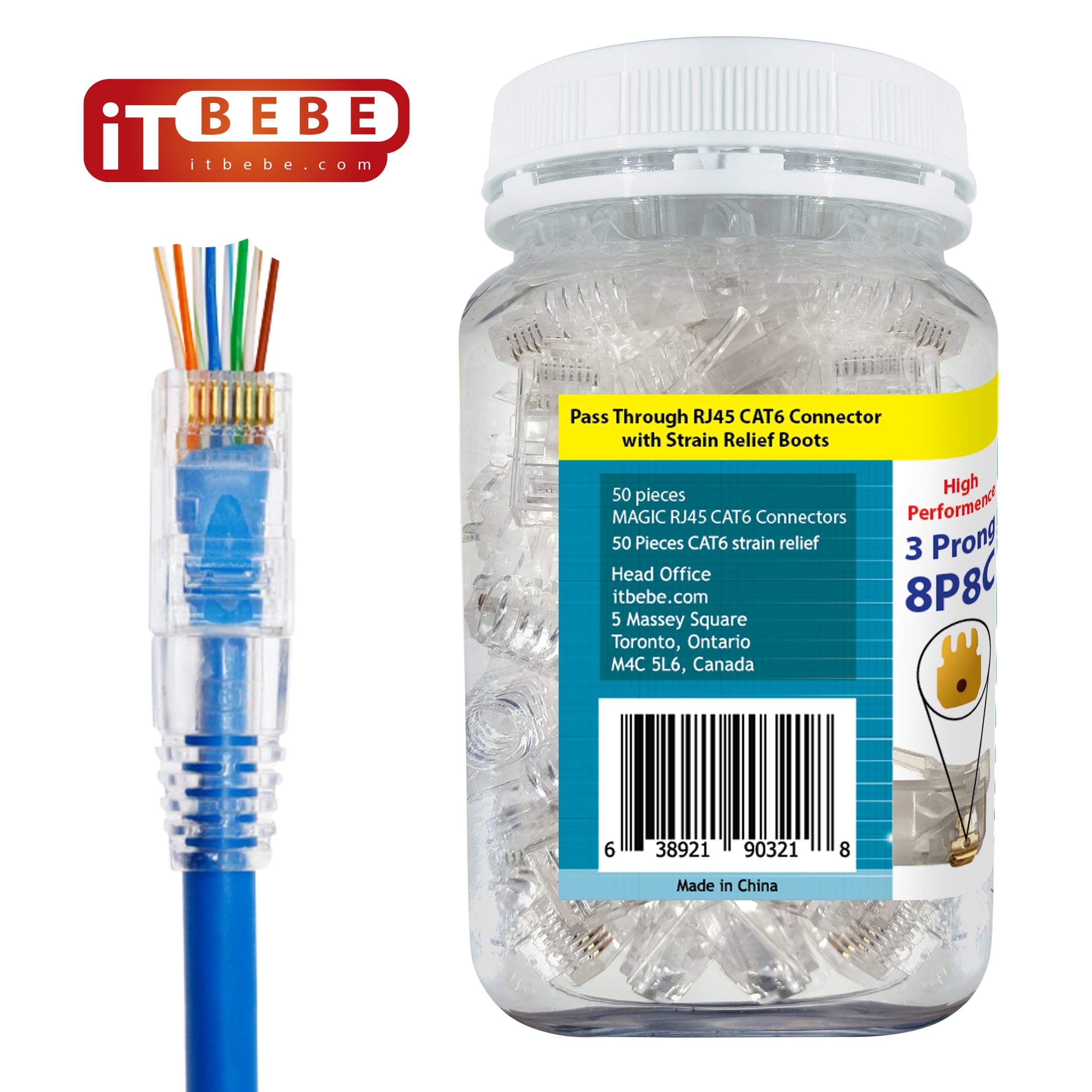ITBEBE Gold-Plated Pass Through RJ45 Cat6 3-Prong Connectors and Cable Strain Relief 50/50 Kit for Clean, Snag-Free Patch Cords (100 Pieces Total)