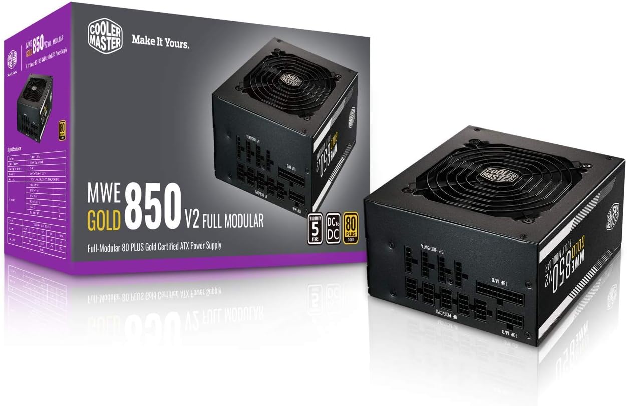Cooler Master MWE Gold 850 V2 Fully Modular, 850W, 80+ Gold Efficiency, Quiet HDB Fan, 2 EPS Connectors, High Temperature Resilience, 5 Year Warranty, Gold v2
