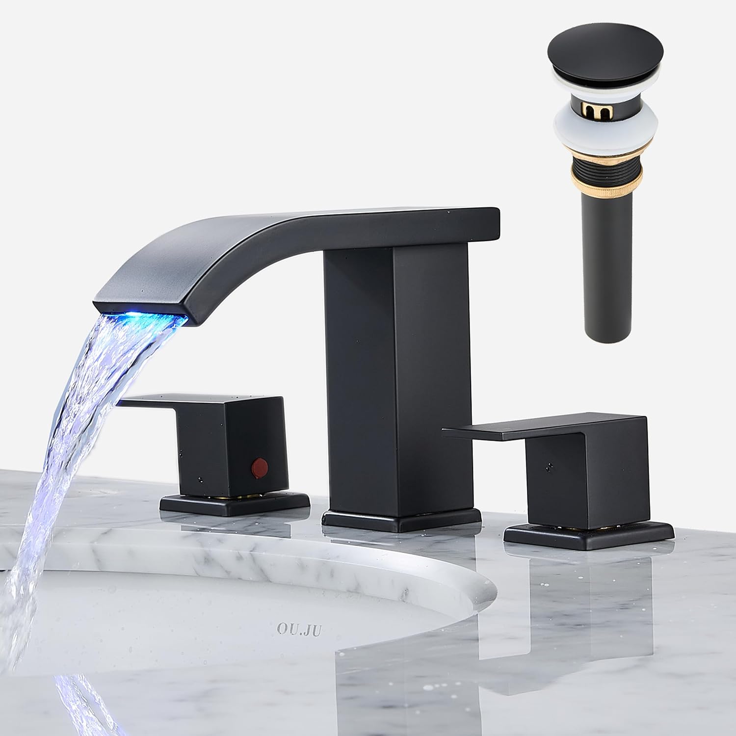 Matte Black Bathroom Faucet with RGB Led Light, MBVBN FB100 Waterfall Sink Faucet Single Hole Handle Cold and Hot Water Robinet de Salle de Bain Noir Washroom Taps Lavatory Vanity Vessel