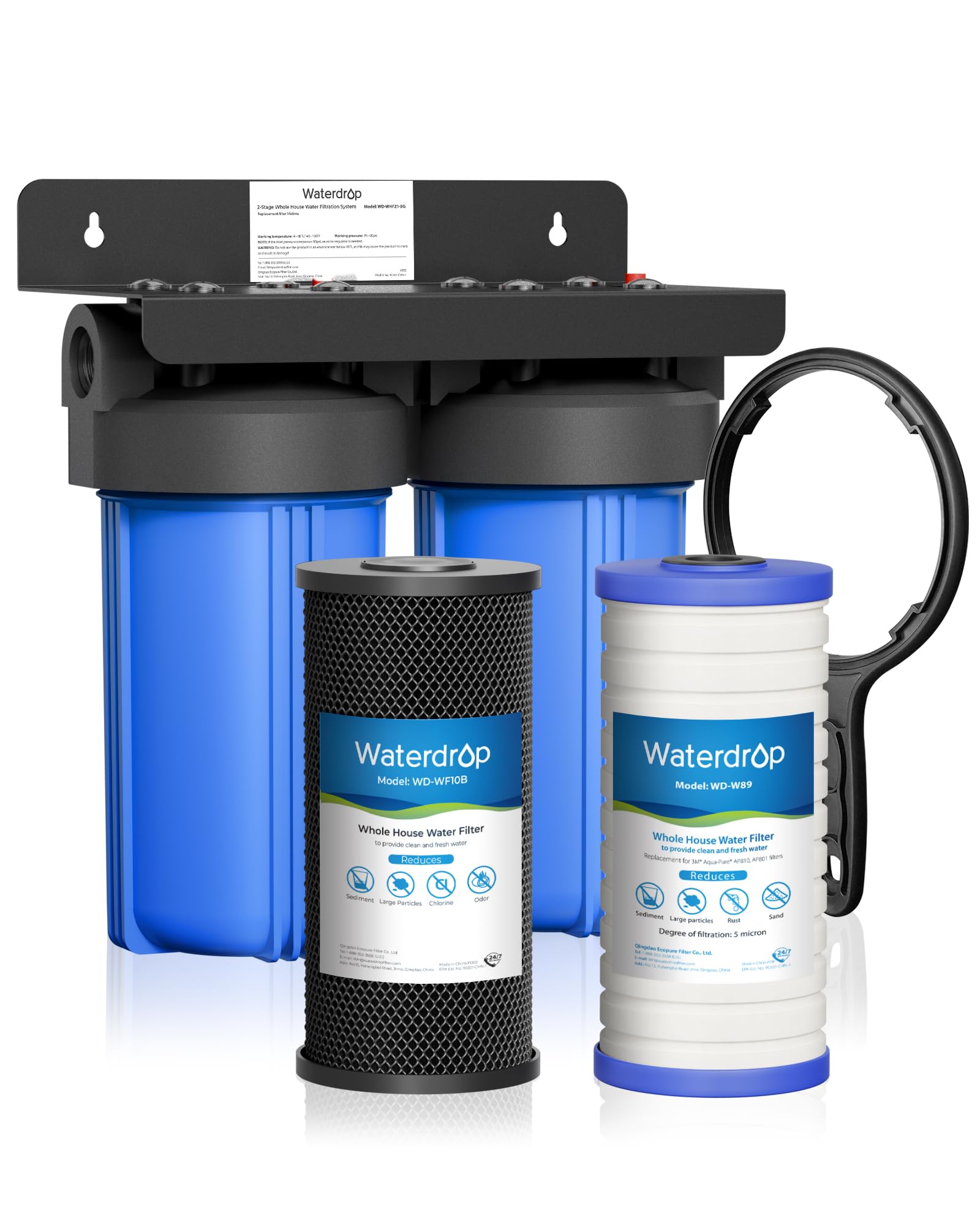 Waterdrop 2 Stage Whole House Water Filter System, with Carbon and Sediment Filter, Highly Reduce Lead, Chlorine, Heavy Metals, PFA, Taste, 5-Stage Filtration, WD-WHF21-PBL, 1" Inlet/Outlet