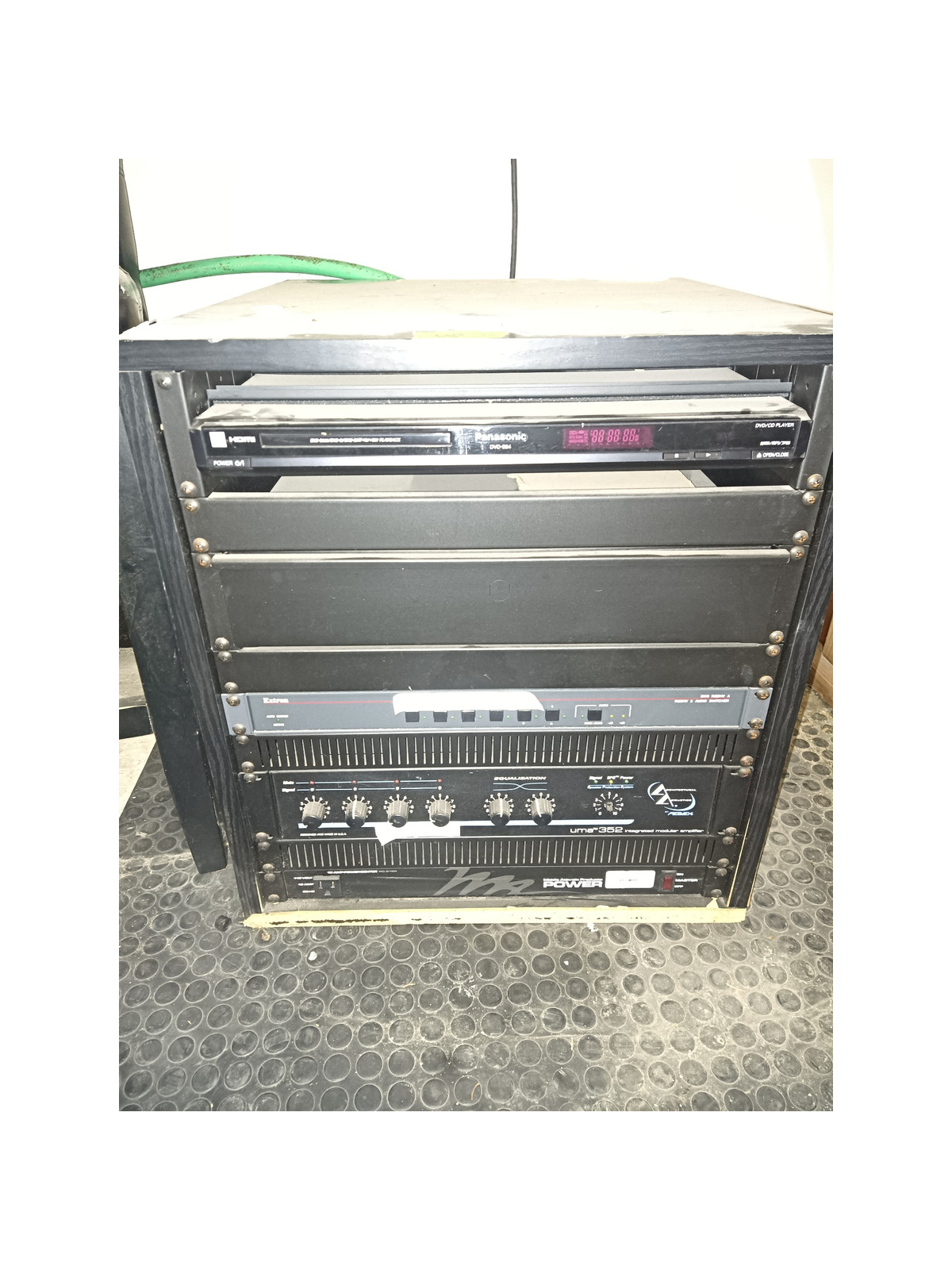 19 Inch Pro AV Rack DVD player, 6-input Extron switcher, Peavey UMA-352 amp