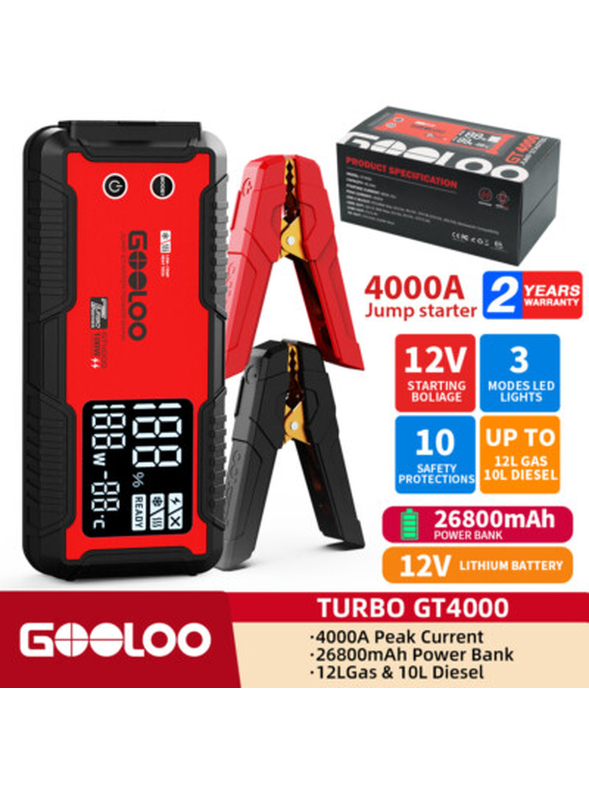 GOOLOO 4000A Car Jump Starter 12V Battery Booster 26800mAh Emergency Booster Powerful Auto Starting Device Power Bank PD100W