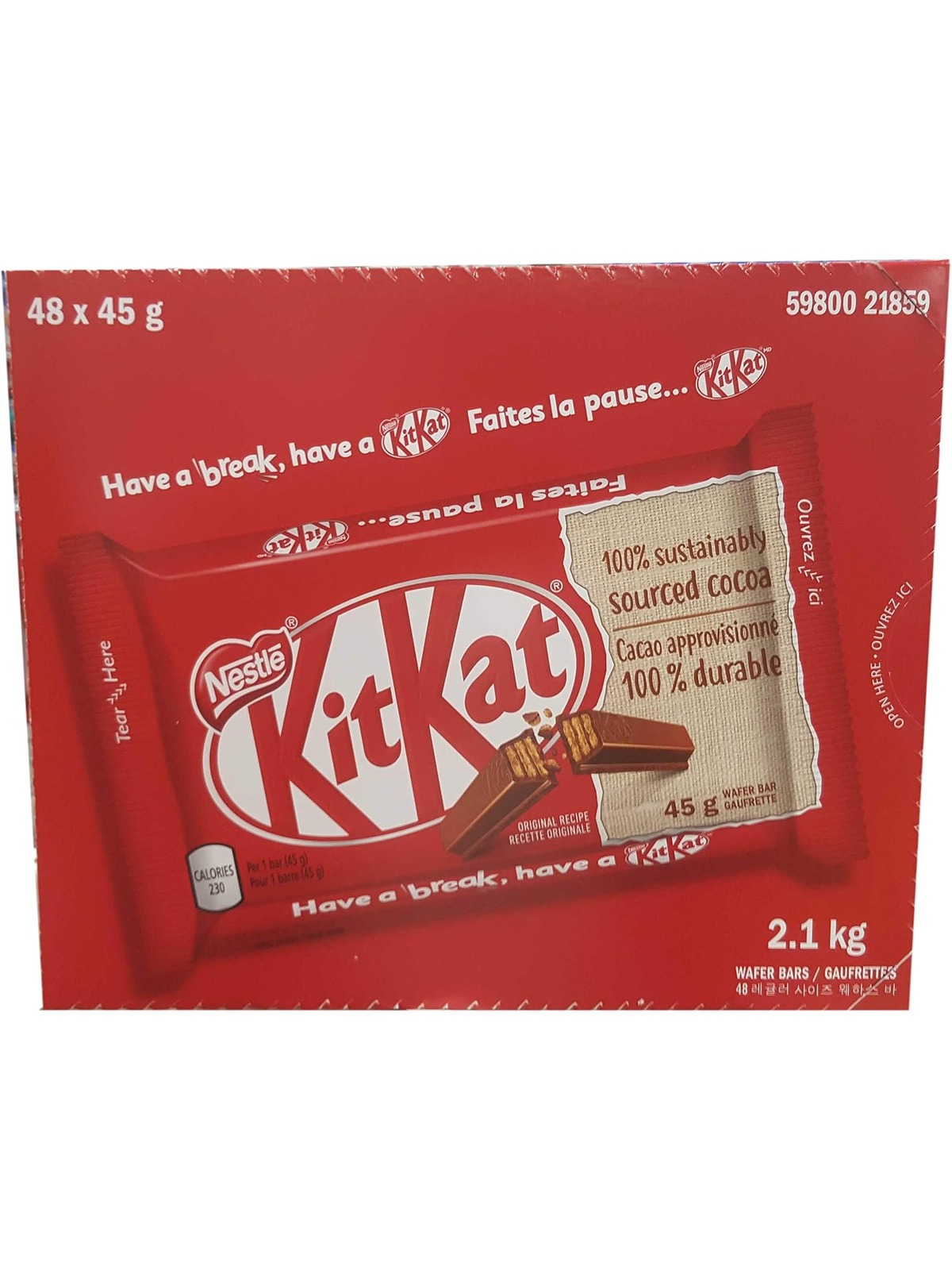 Nestle Kit Kat Chocolate 48 X 45 Gram Net Wt 2.1 KG Total