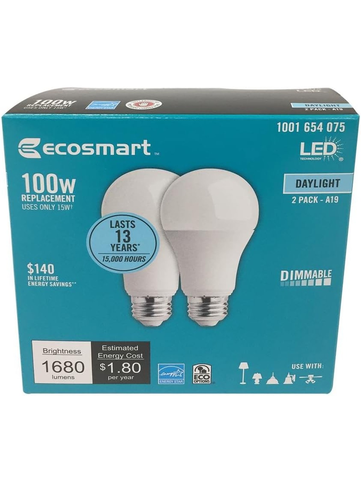 Amazon Basics 100W Equivalent, Daylight, Dimmable, 10,000 Hour Lifetime, A19 LED Light Bulb | 16-Pack