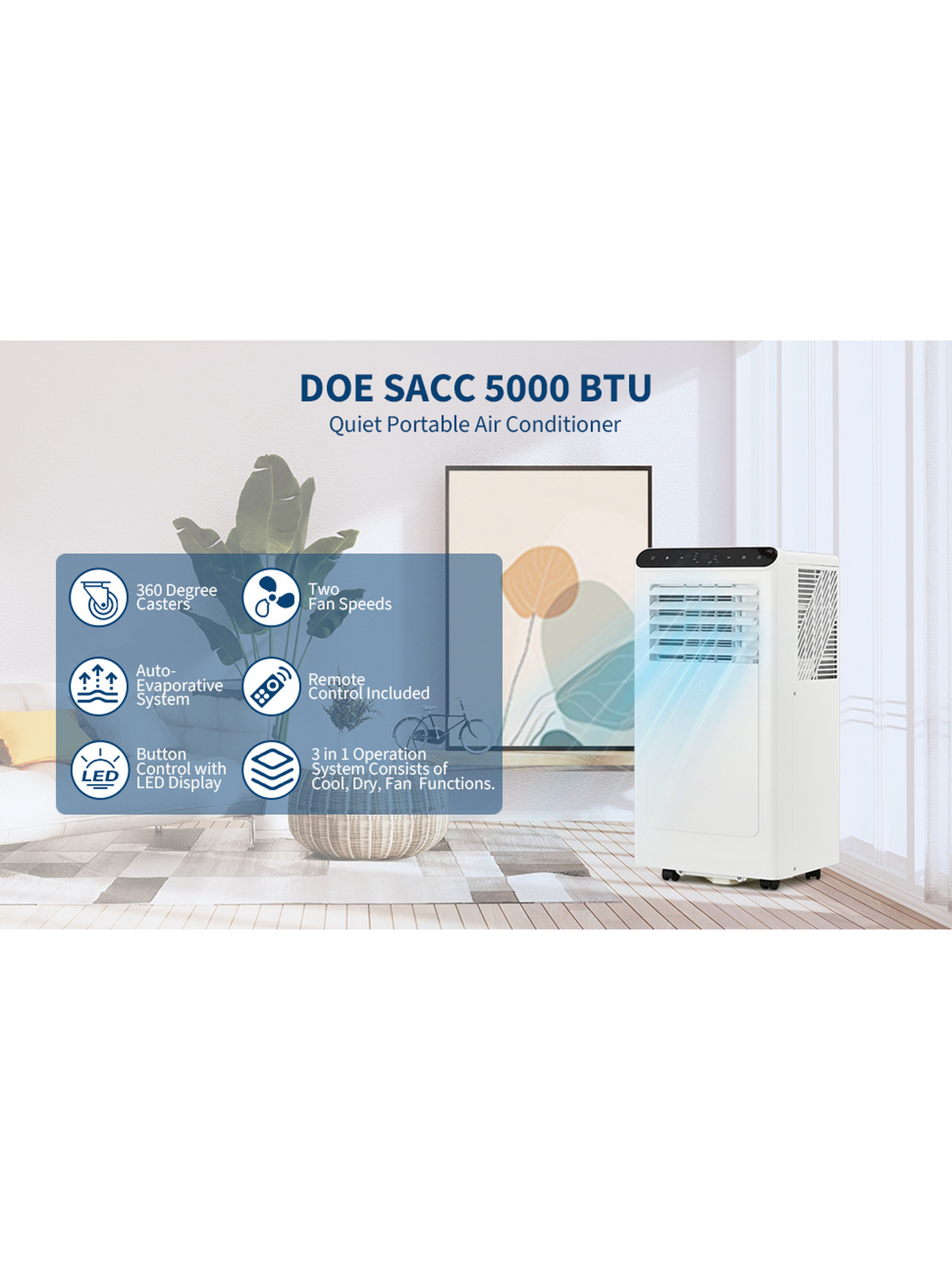 Portable Air Conditioner 8000 BTU, Air Conditioner Unit for Home Office Room, with Window Kit, Quiet, 2 Speeds, 24H Auto-off Timer, Cooling/Dehumidifier Mode, Cool Rooms up to Large Space