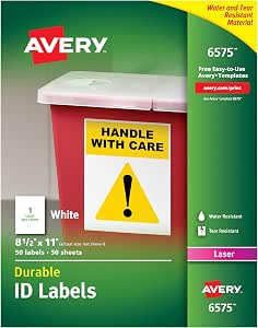 Avery 6575 White Permanent Durable ID Labels for Laser Printers, 8-1/2-Inch x 11-Inch, Box of 50