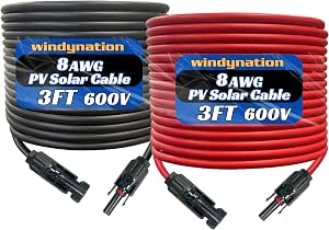 WindyNation 8 AWG 1 Pair 3 Feet Black + 3 Feet Red Solar Panel Extension Cable Wire MC4 Connector (Variety of Lengths Available)