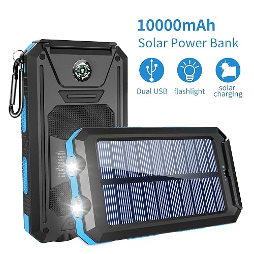 Soluser Solar Charger, 10000mAh Portable Phone Charger External Backup Battery Pack IP65 Water-Resistant 2 USB Ports Solar Power Bank with 2LED Flashlight, Carabineer and Compass (886-Orange)