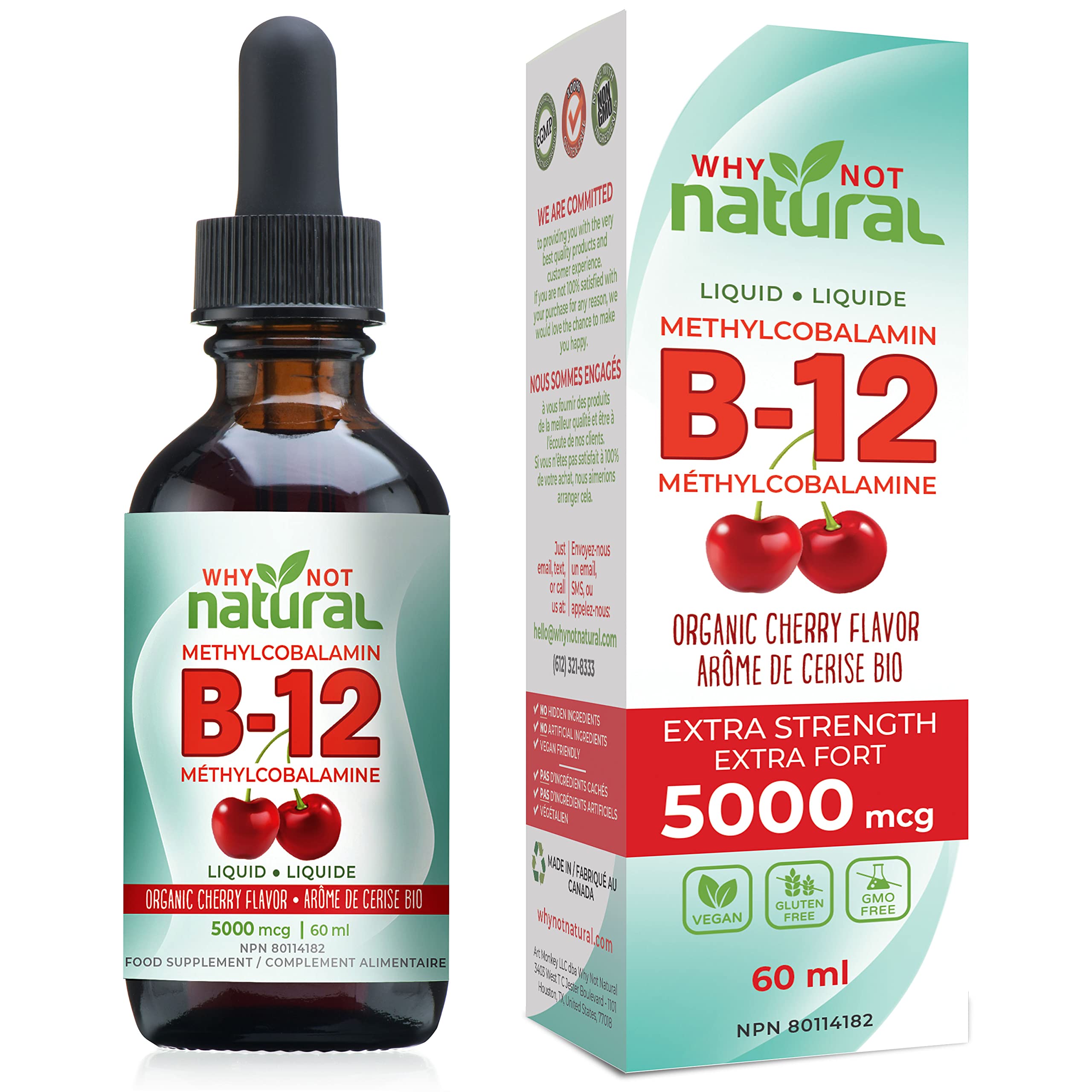 Organic Vitamin B12 Liquid - Sublingual Extra Strength 60 x 5000 mcg Drops, Methylcobalamin, Natural Cherry Flavor, Vegan, Maximize Absorption and Energy