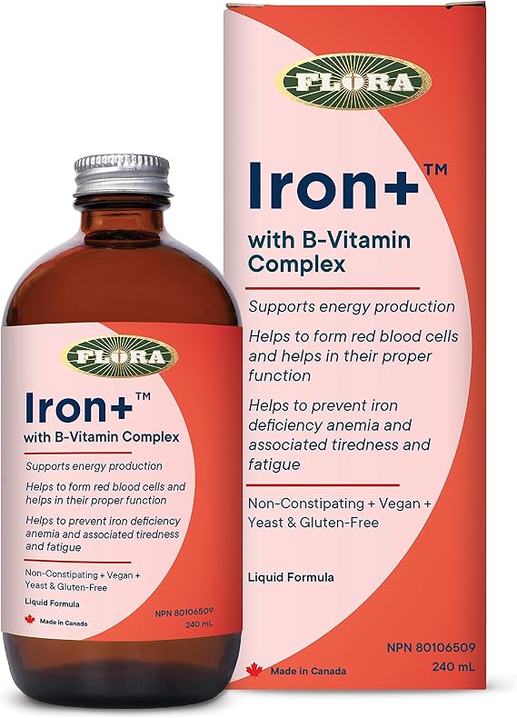 Flora Iron+ Liquid Herbal Iron Supplement for Women + B-Vitamin Complex, Maintain Healthy Iron Levels, Non-Constipating, Highly Absorbable, Vegan, Yeast and Gluten Free, 240 mL Glass Bottle