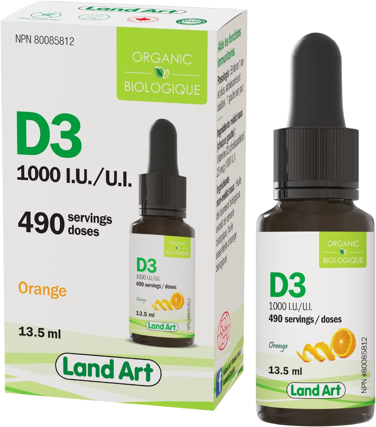 Certified Organic Vitamin D3 Drops - 490 servings - 1000 IU per drop - Immune System Support - Non-GMO - Gluten-Free - Made in Canada 13.5 ml (Pack of 2)