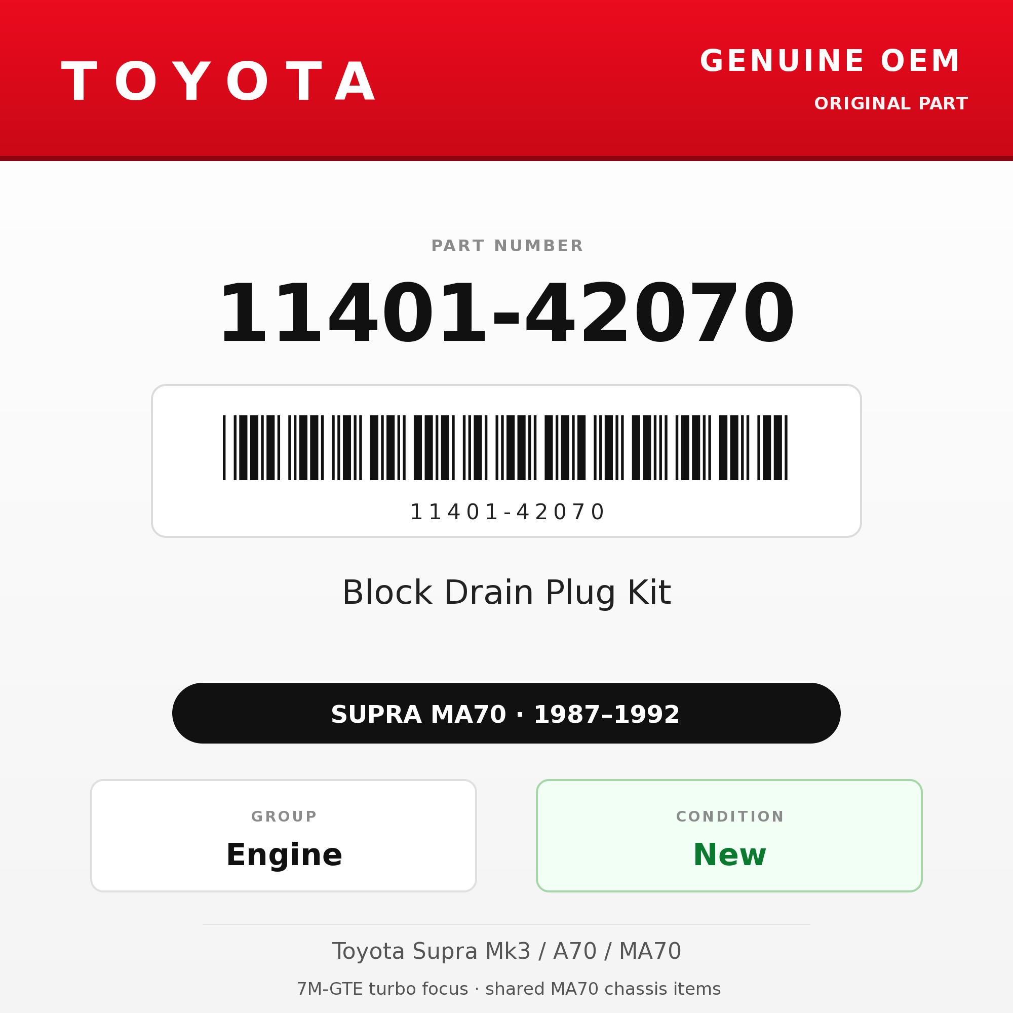 Genuine Toyota OEM 11401-42070 - Block Drain Plug Kit 7M (87-92 Supra)