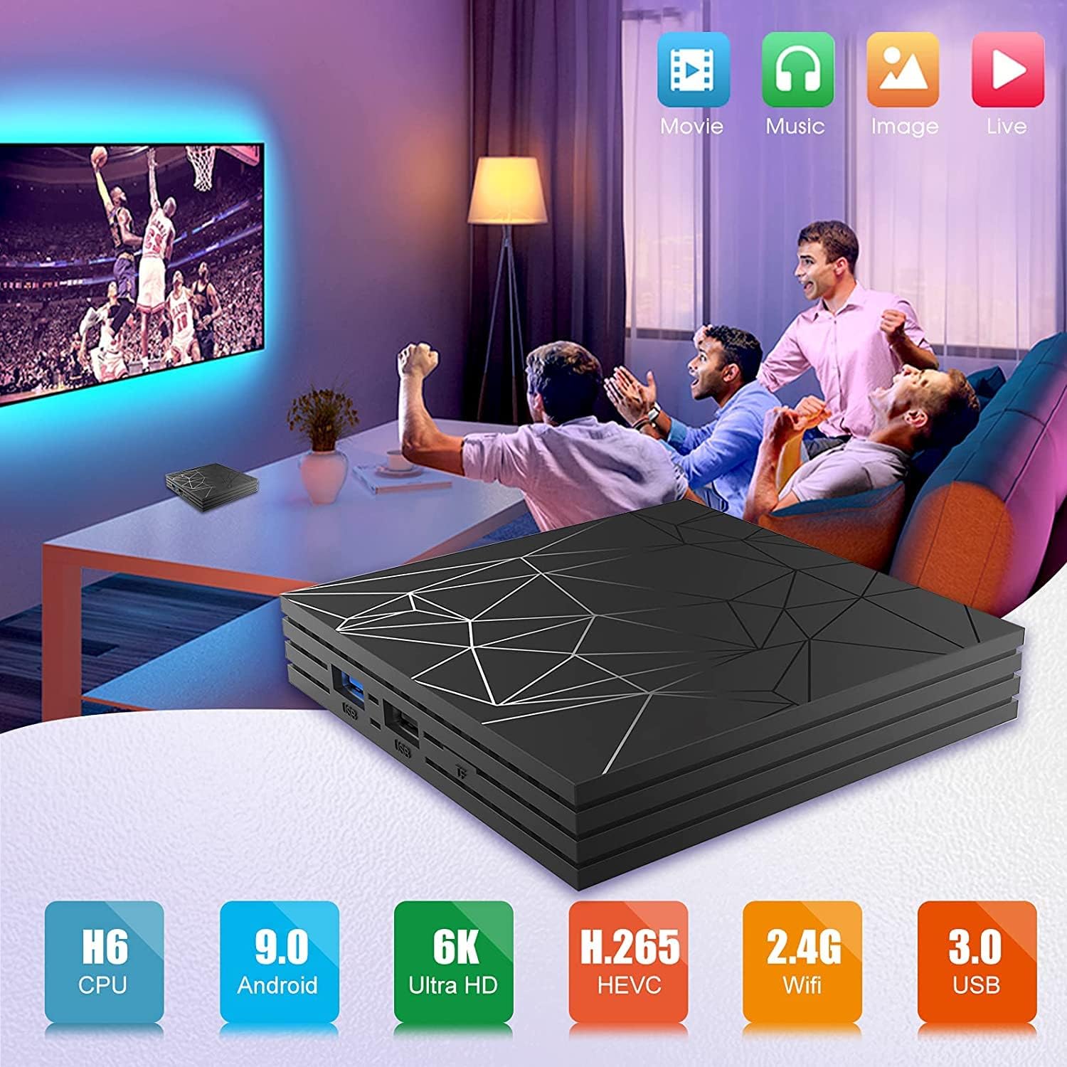 Android 9.0 TV Box with 4GB RAM 64GB ROM,EASYTONE T9 Android Boxes Quad- Core Support BT4.0/ H.265/ 3D /5G WiFi/USB 3.0/ 64bit/ UHD 4K Smart TV Box with Remote Keyboard