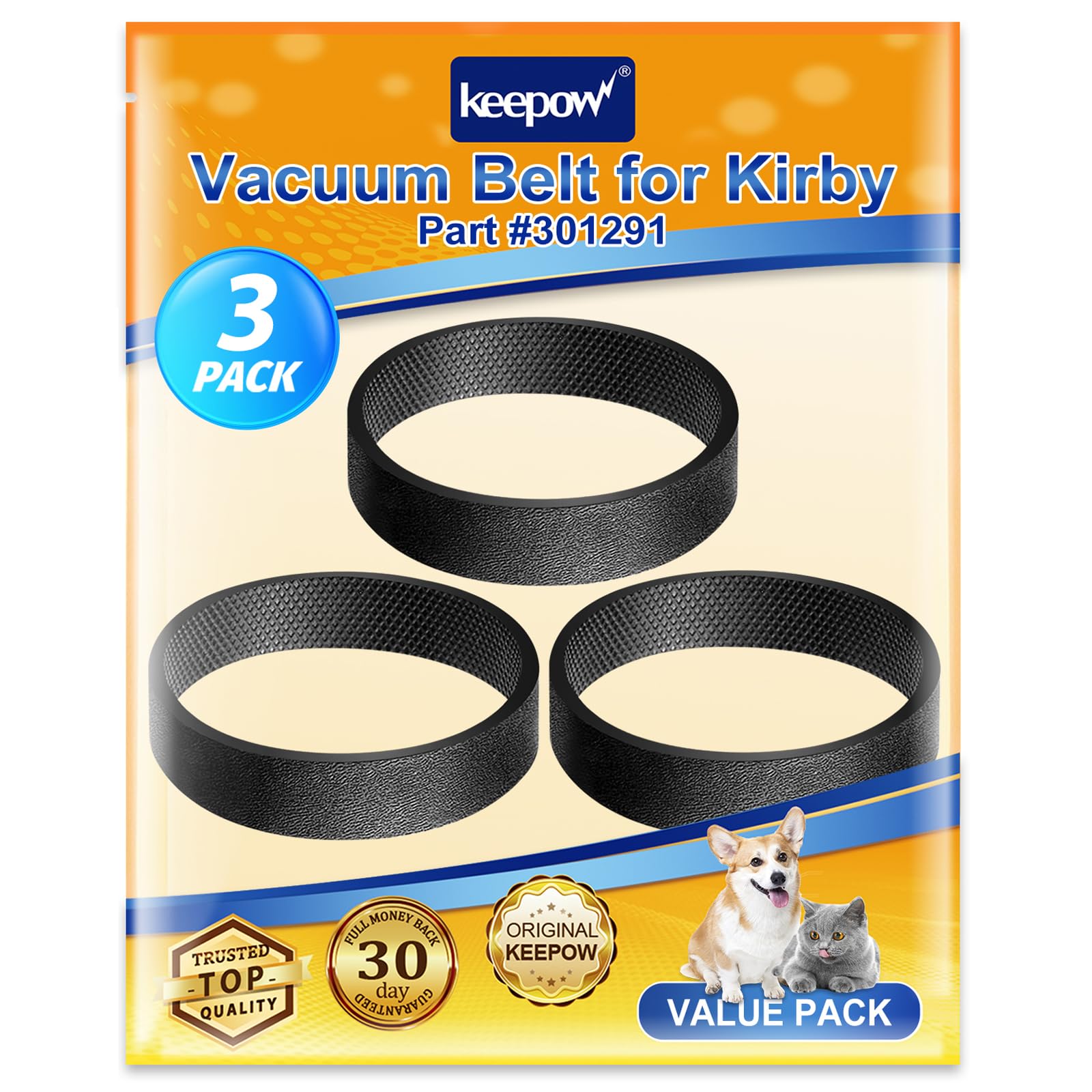 Kirby Vacuum Cleaner Belts 301291-3 (3 pack) fits all Generation series models G3, G4, G5, G6, G7, Ultimate G, and Diamond Edition (1, 3 Belts)