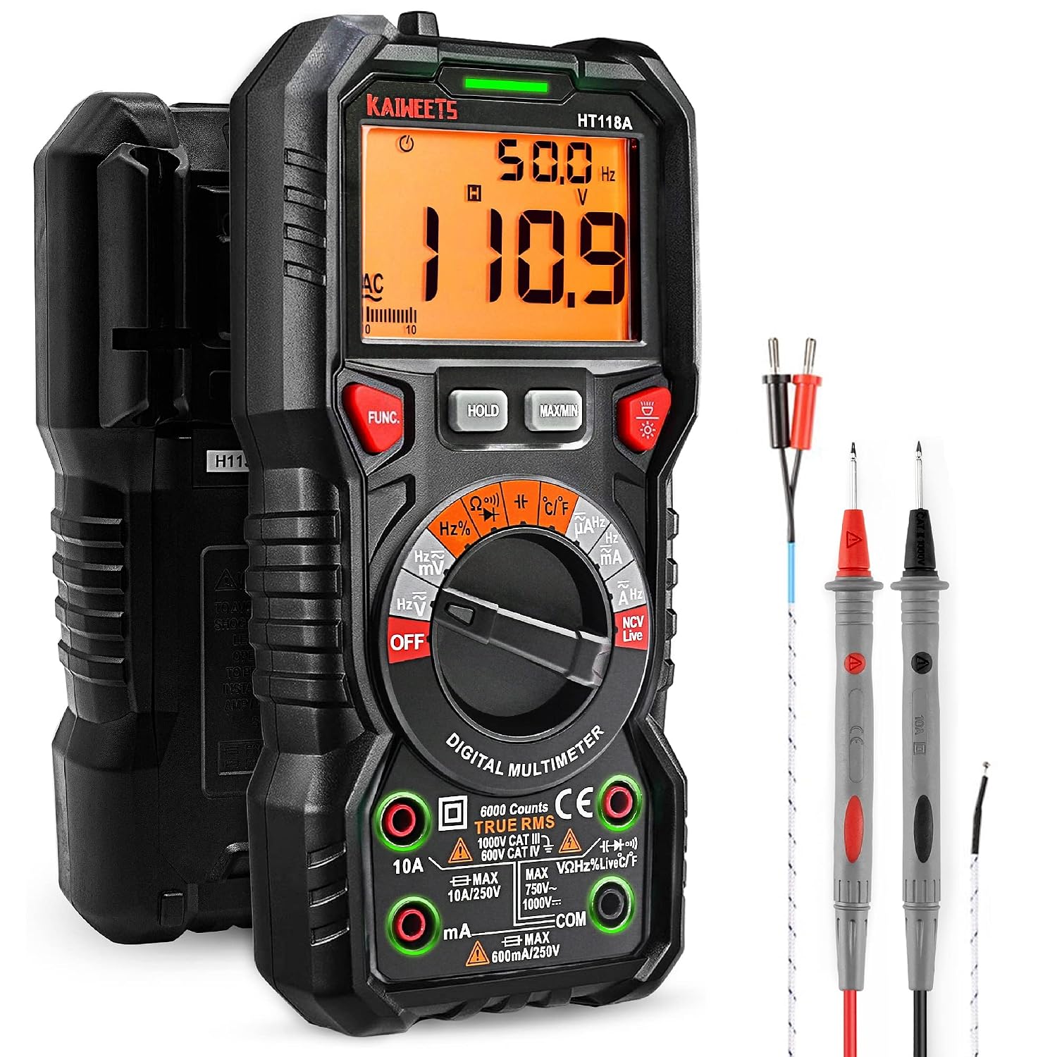 KAIWEETS Digital Multimeter TRMS 6000 Counts Ohmmeter Auto-Ranging Fast Accurately Measures Voltage Current Amp Resistance Diodes Continuity Duty-Cycle Capacitance Temperature for Automotive
