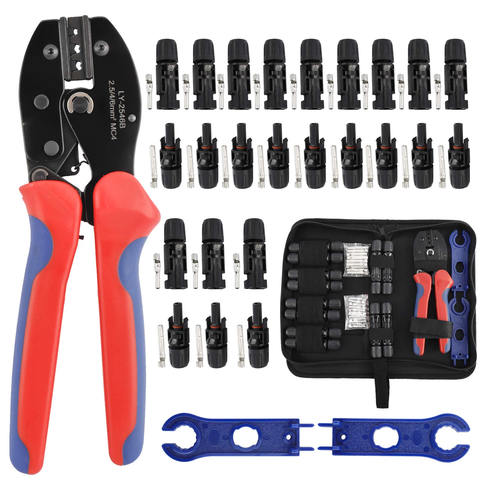YaeTool Solar Crimping Tools for 2.5/4.0/6.0mm² Solar Panel PV Cable MC3 MC4 with 6pcs Male Female Connector,1 Pair MC4 Solar Connector Assembly Tool Spanner Wrench Tool Kit