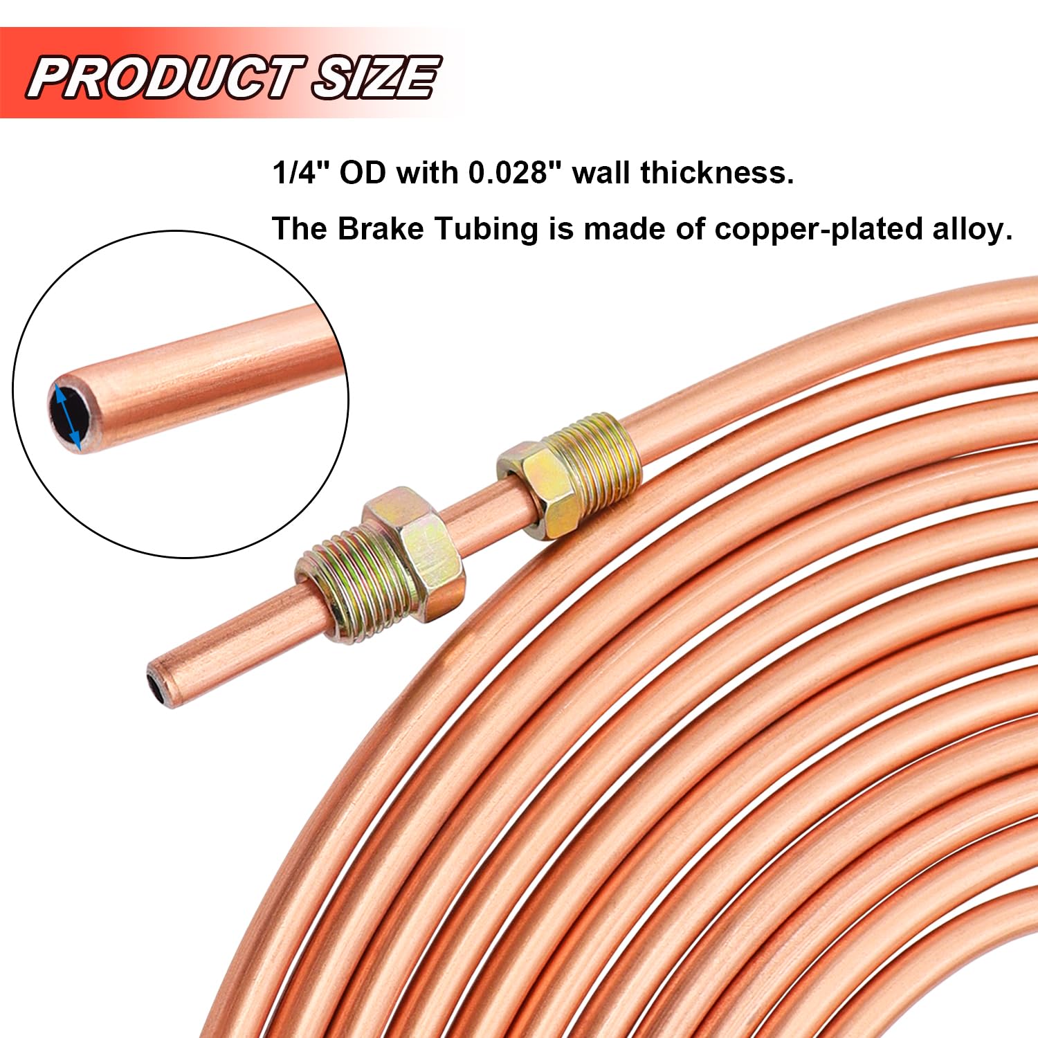 Tnisesm 1/4" Brake Line Tubing Kit, Upgrade Flexible Copper Nickel Brake Line Tubing Roll for Hydraulic Brakes Fuel Transmission System