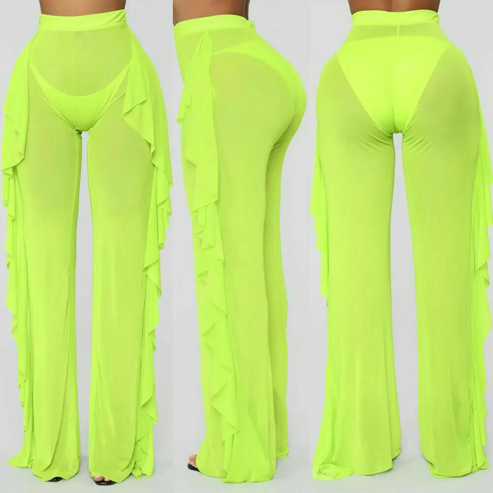 Sexy Women Mesh Sheer See-through Mesh Transparent Pencil Pants 2019 Color Neon Green Elastic Stretch Trousers Striped Joggers