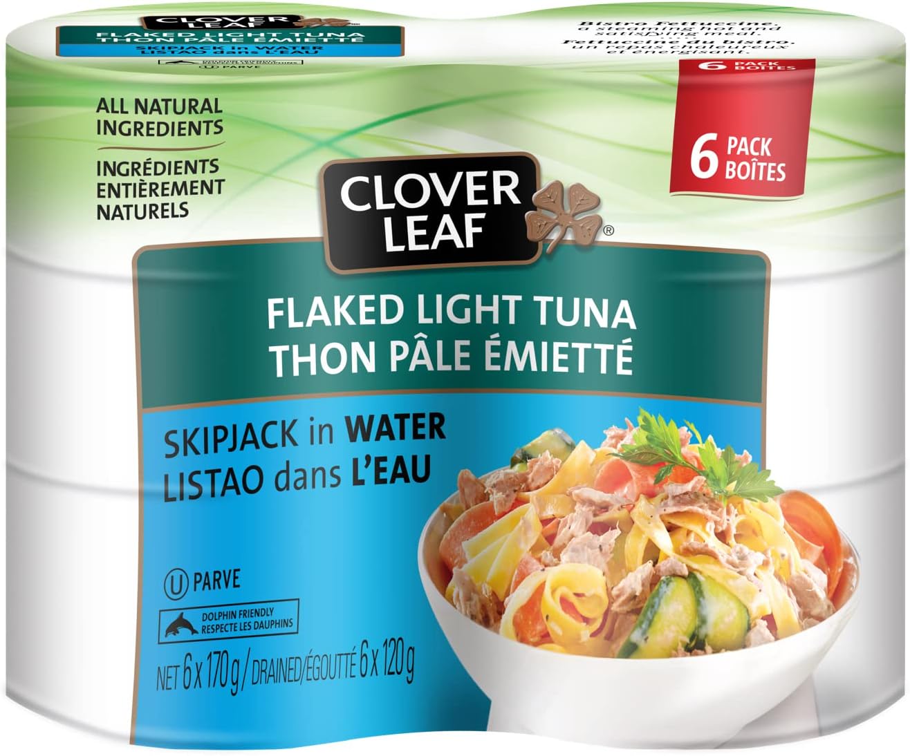 Clover Leaf Flaked Light Skipjack Tuna in Water - 170g, 6 Count - Canned Tuna - All Natural Ingredients - High in Protein - 13g of Protein Per 55g Serving - Wild and Traceable Tuna - Trace My Catch