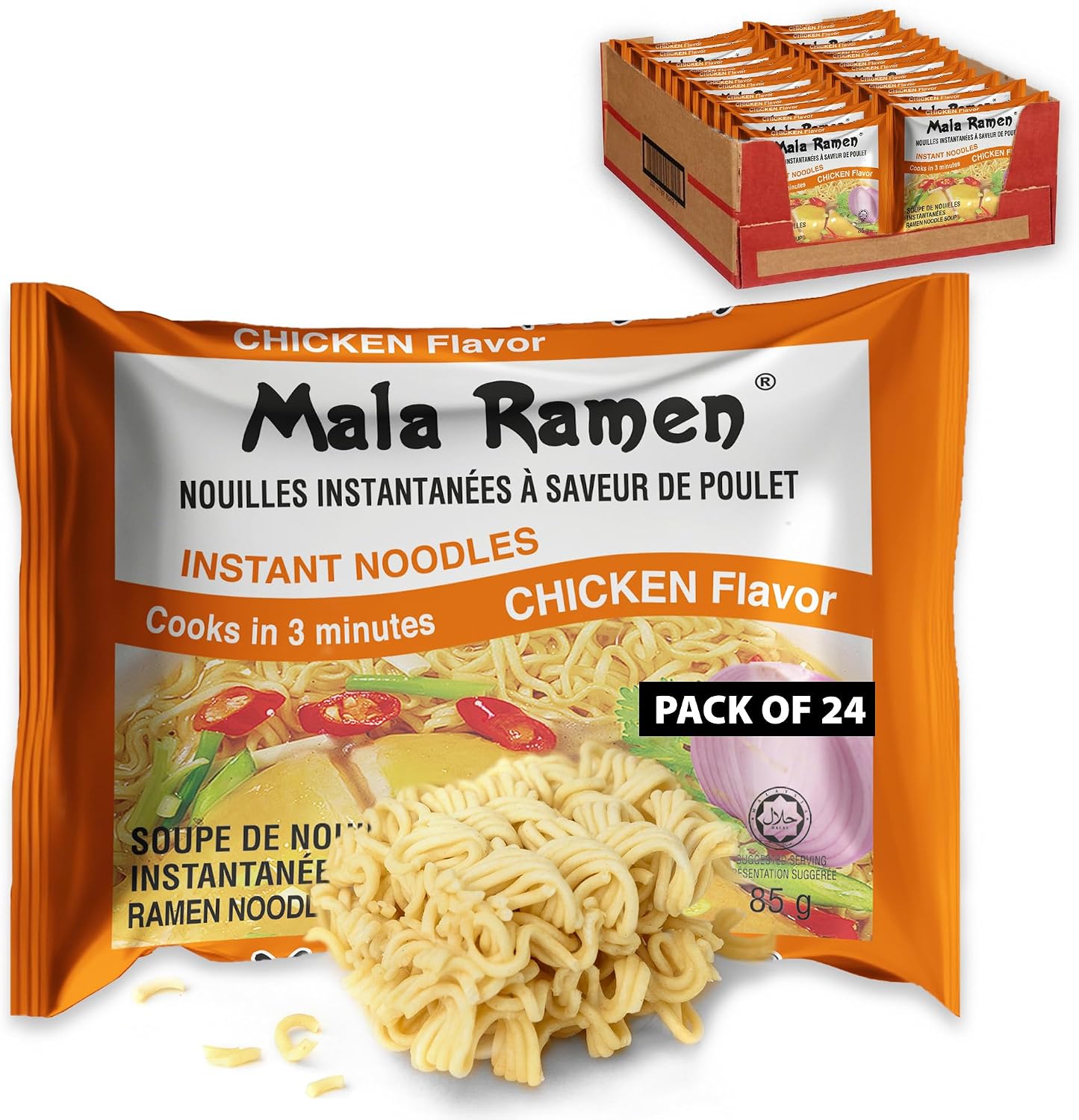 Mala Ramen Instant Noodle - Chicken Noodles 85G (Case of 24) 2.04 Kg - Cooks in 3 Minutes