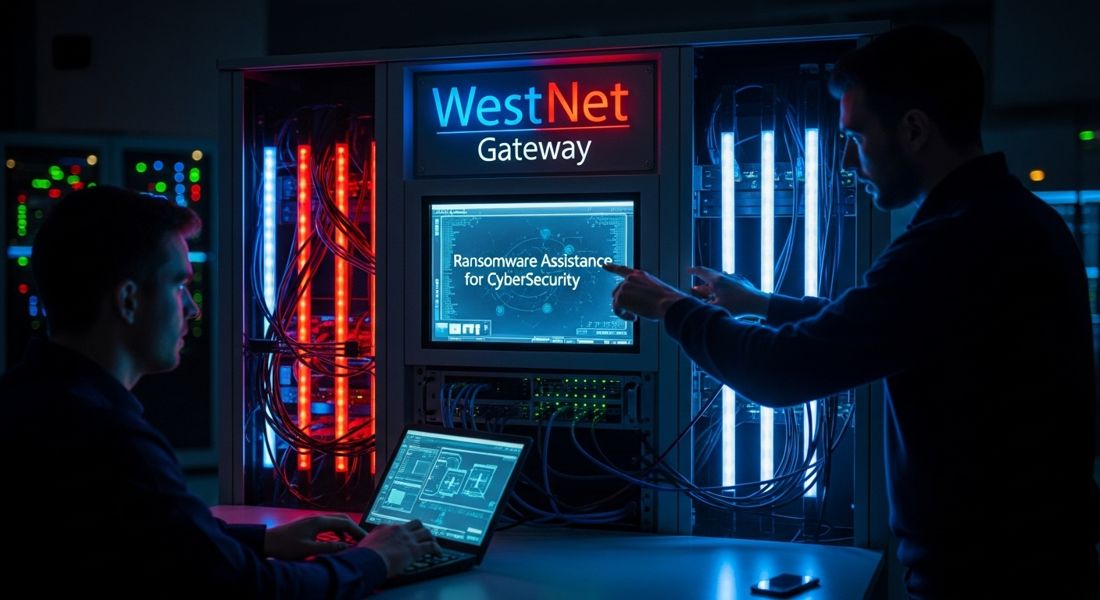 Illustration: two engineers reviewing a ransomware response on a network gateway
